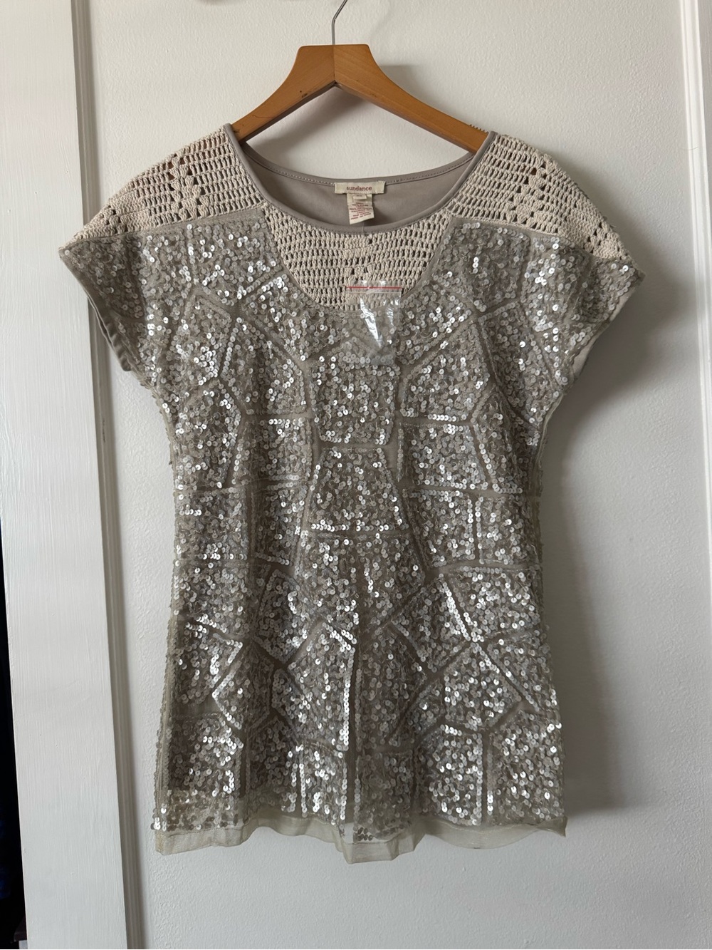 NWT Sundance Silver Sequin Crochet Short Sleeve Tee